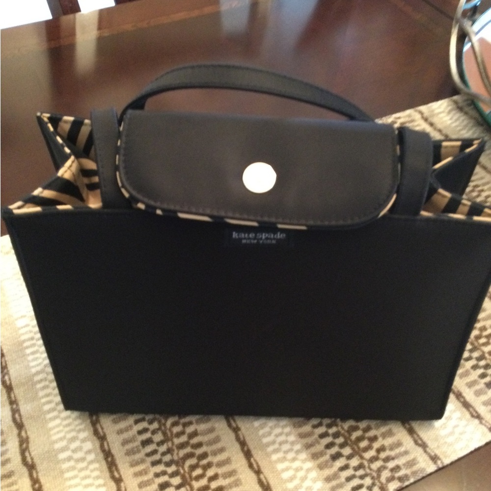 kate spade Black Top-Handle Shoulder Bag with Beige-Black Stripe Trim - Picture 2 of 4
